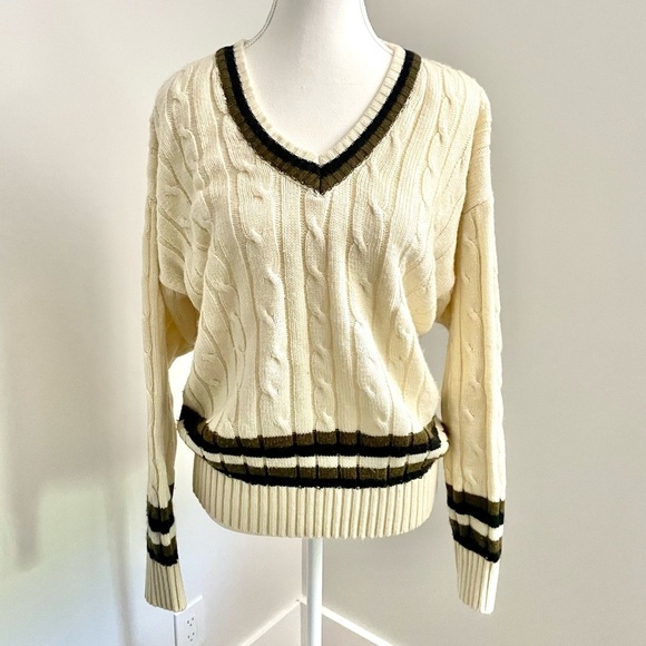 Vintage Preppy Cream Cable Knit Varsity Academia V Neck Sweater - Picture 1 of 8